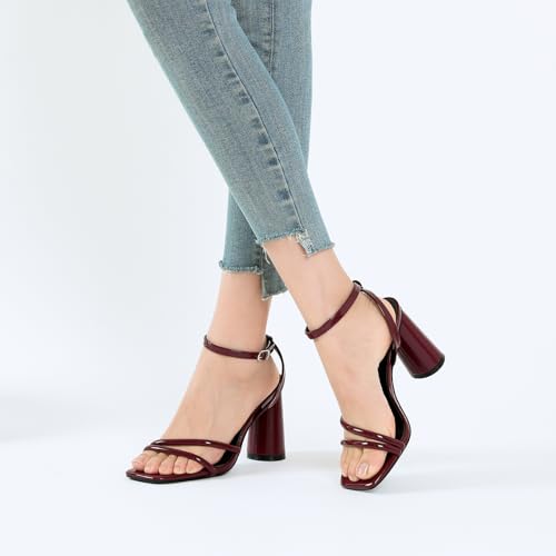 Image of RIBONGZ Block Heels Prom Heeled Sandals for Women Chunky Square Open Toe Strappy High Heels Ankle Strap Wedding Bridal Shoes High Heel Sandals for Party Dress