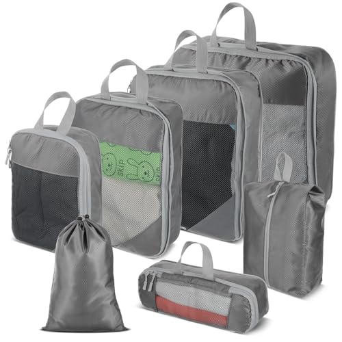7 Pcs Compression Packing Cubes, Multi Sizes Travel Organizer for Clothing, Shoes, Essentials, Lightweight Suitcase Organizer for Luggage, Grey