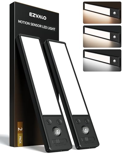 EZVALO 8' Under Cabinet Lighting, 2400mAh USB-C Rechargeable Motion Sensor Light, 3 Color Temps, 5-Level Dimmable Magnetic Wireless Closet Lights for Kitchen, Pantry, Stairs (2 Pack)