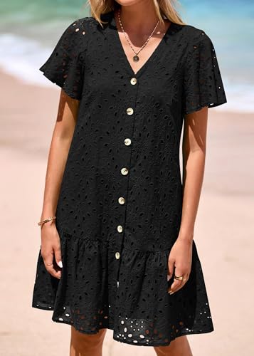 Image of KIRUNDO Eyelet Dresses for Women Button Down Mini Babydoll