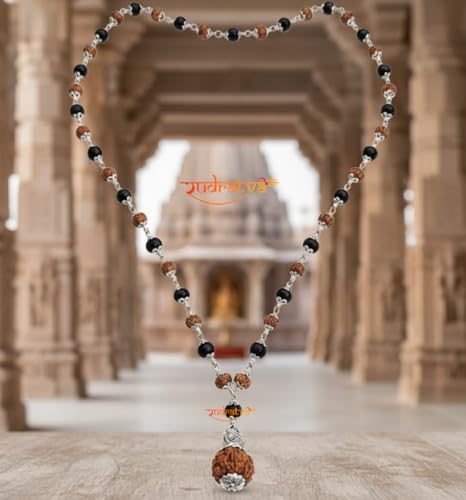 Image of Original Karungali & Rudraksha Mala | 54 Beads with 7 Mukhi Powerful Rudraksha Pendant | Govt. Lab Certified | Silver Capped Natural Energy Mala for Positivity, Protection & Spiritual Growth
