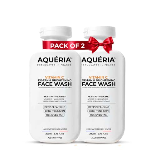 Image of Aqueria Pack of 2 Face Wash For De-Tan & Brightening Vitamin C | With Lactic Acid & Niacinamide | Deep Cleansing Face Cleanser for Tan Removal, Pigmentation, Dark Spots, Dull & Uneven Skin Tone | Brightens Skin & Gently Exfoliates | Non-Drying Formula for All Skin Types | Men & Women Gentle Cleanser (200ml x 2)