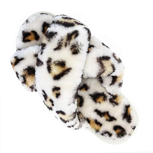 Womens house fuzzy slippers leopard cross band soft plush fluffy…
