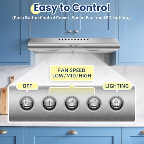 Image of 24 inch Range Hood Under Cabinet, Stainless Steel Range Hood 280CFM, Slim Kitchen Stove Hood w /Push Button, Ducted /Ductless Convertible, 3 Speeds Exhaust Fan, LED Light and Carbon Filter