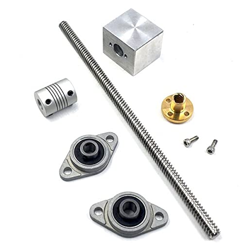 Lysee 3D Printer Parts & Accessories - 1Set 200mm Length 8mm Dia Silver Vertical 2mm Lead Screw Rod & Pillow Block Mounted Bearing T8 Lead Screw Kit for 3D Printer - (Color: as pic)