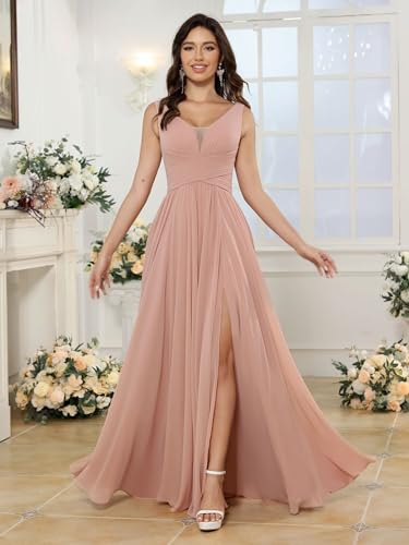 Miao Duo Women's Simple Sleeveless Bridesmaid Dresses Long with Pockets V Neck Formal Dresses with Slit YZTS1383