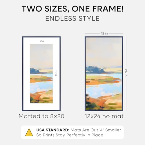 Image of Homeforia 12x24 Navy Blue Picture Frame, High End Metal 12x24 Poster Frames with Mat 8x20 Photo, 12 x 24 Navy Blue Frame Matted to 8 x 20 Art, 24x12 Panoramic Frame, Tempered Glass, Wall Kit, Set of 2