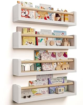 Seocry Nursery Book Shelves, 4 Pack, Wall Book Shelves for Kids Room, Baby, Toddler, Nursery Decor (White Wood, 16.5 Inches)