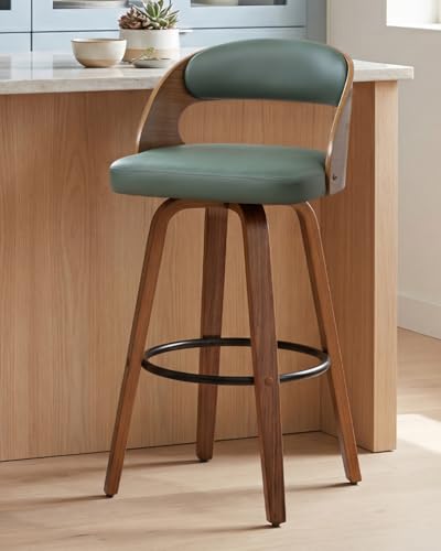 Image of AQG Swivel Bar stools Set of 1 Bar Chairs 30 inch Counter Height Mid-Century Modern Bentwood Barstool PU Leather Upholstered Bar Chair with Back and Footrest, for Bar, Cafe, Dining, Kitchen Island, Green