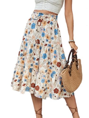 BARASA Summer Women's Midi Skirts Boho High Elastic Waist Fake Drawstring Floral Print A line Casual Cute Skirt D626