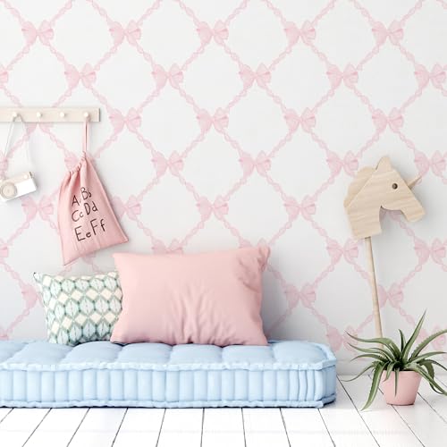 Pink Bow-Flower Pattern Peel and Stick Wallpaper, Removable Self-Adhesive Wall Covering for Nursery, Girls Room, Princess Theme Decor