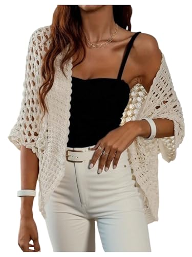 Floerns Women's Hollow Out Summer Short Sleeve Cardigan Sweaters Open Front Knitted Crochet Sweater