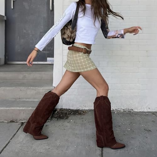 Image of EQAUDES Knee High Boots for Women Tall Cowboy Cowgirl Fold Over Shark Boots | Snip Toe, 3.5'' Block Heel, Hidden Zipper, Studded Desgin, Festival Boots, Slouch Boots for Party, Travel and Formal Outfits