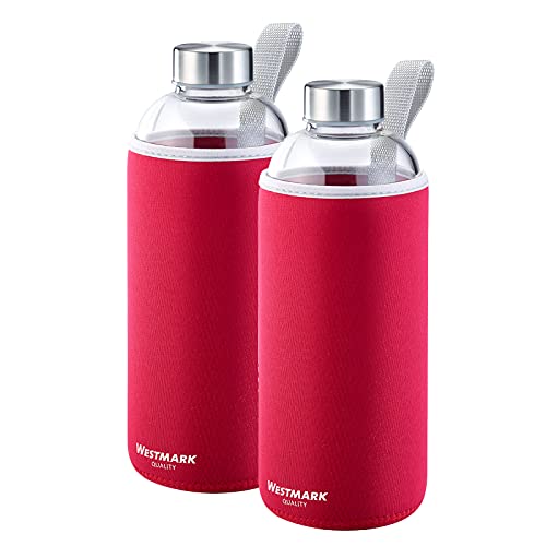 Westmark Set de botellas, 2 unidades, 2 botellas con estampado para bebidas, incl. 1 funda protectora cada una, 1000 ml, Vidrio/Silicona/Goma, Sin BPA, Viva, Rojo/Plateado/Transparente, 527422E7
