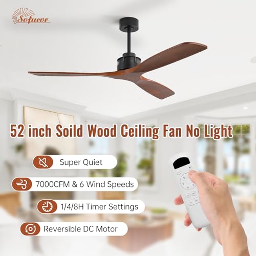 Image of Sofucor 60 Inch Ceiling Fan No Light, Large 3 Solid Wood Blade