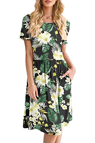 Image of DB MOON Women Summer Casual Short Sleeve Dresses Empire Waist Dress with Pockets