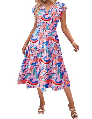 Image of ZEAGOO Womens Summer Casual Dresses Ruffle Sleeve V Neck Midi Dress Flowy Tiered Dress with Pockets Boho Sundresses