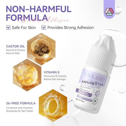 Image of SAVILAND Nail Glue for Acrylic Nails Press On: 5S Fast-Drying Nail Adhesive Strong 0.18 Oz. Nail Tip Glue Extra Strength Nail Gel Glue Castor Oil Vitamin E Hypoallergenic for Nail Tips No Cure Salon