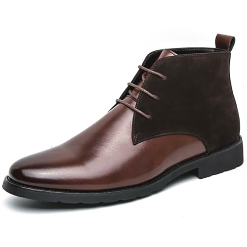 Image of Men'S Splicing Leather Lace Up Low Heel Dress Chukka Ankle Boots Classic Fashion Comfortable Non-Slip Chunky Heel Causal Oxford Booties For Business Work Driving