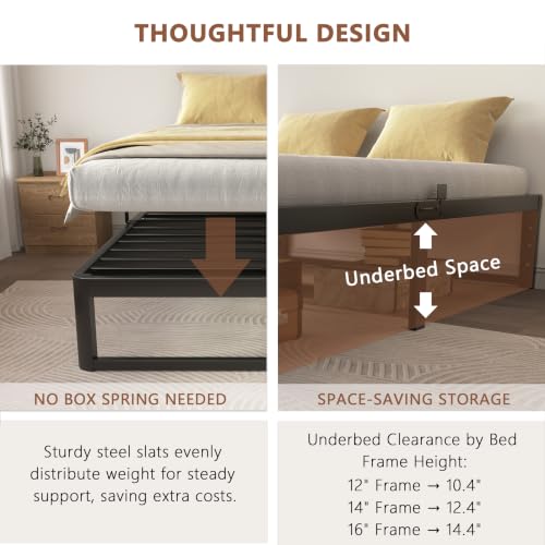 Image of ZTH Full Size Metal Platform Bed Frame 16 in, No Box Spring Needed, Black | Heavy duty support, Underbed storage, Noise-free design, Anti-slip clips, Rounded legs, Easy assembly, Headboard compatible