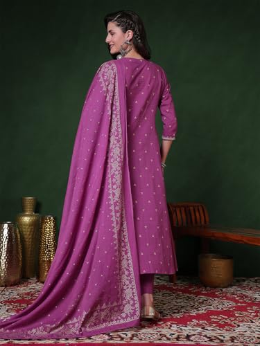 Image of PARTHVI Women's 100% Pure Cotton Anarkali Kurta Set with Pant & Dupatta | Embroidered Flared Kurta | Elegant Ethnic Suit