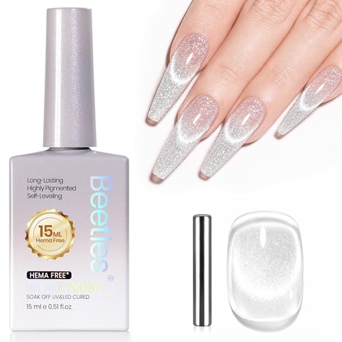 Image of Beetles Lunar Silk Silver Cat Eye Gel Nail Polish - 15ML Full Size Silver Cat Eye Glitter Gel Polish Magnetic Shimmer Effect Soak Off UV French Nail Art Design Salon DIY Manicure Gifts for Women