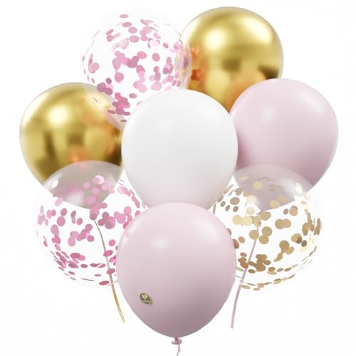 Image of AFTERLOON Biodegradable Natural Rubber Latex 50 pcs Pink /White /Gold 12 Inch Set, Plastic-Free Alternative Metallic Confetti Thickened Extra Strong Latex Helium Float, for Baby Shower Wedding Decor