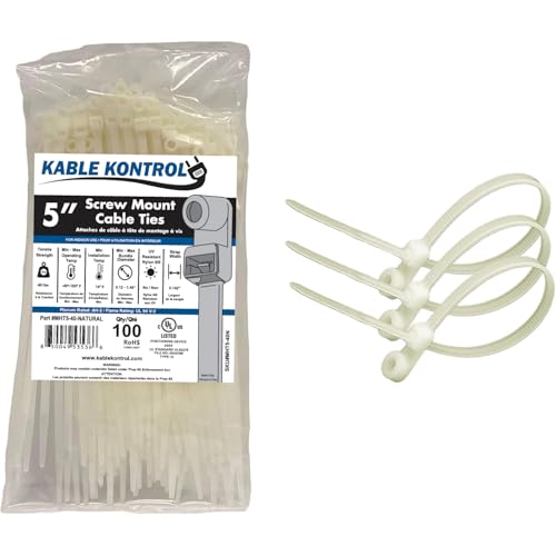 Kable Kontrol Zip Ties with Screw Hole 5 Inch 100 Pcs Natural 40 Lbs. Tensile Strength Self-Locking Multipurpose Mounting head Cable Ties for Indoor & Outdoor Use