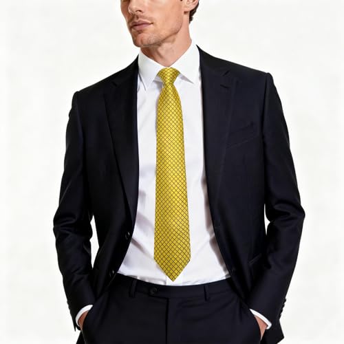 Image of DiBanGu Mens Yellow Plaid Tie Woven Checkered Necktie with Pocket Square Cufflinks Sets in Gift Box Party
