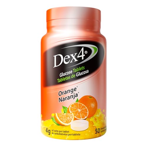 Dex4 Glucose Tablets Orange 50 Count Bottle Each Tablet Contains 4g of Carbs