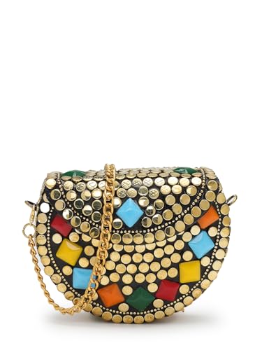 Image of Anekaant Metal Mirage Diamond Enamel Embellished Clutch For Ladies | Party & Wedding Handbag