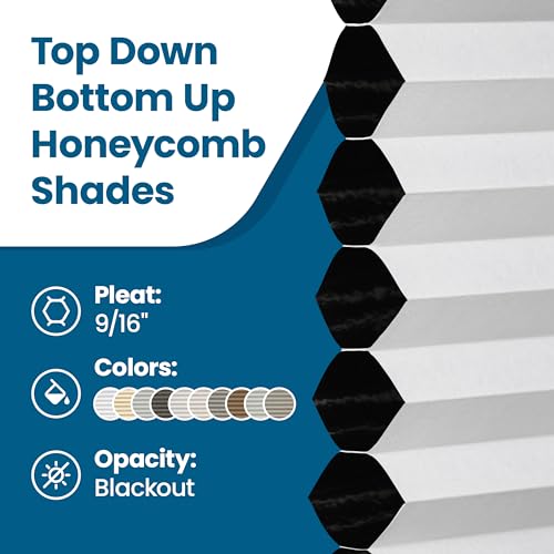 BlindsAvenue Cordless Top Down Bottom Up Cellular Honeycomb Shade, 9/16" Single Cell, Blackout, White Dove, Size: 60" W x 48" H