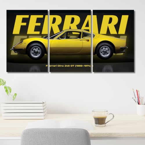 Image of Good Hope 3 Piece Car Split Poster Set for Room, Garage, Biker Cafe, Wall Art Home, Office, Living Room, Bedroom, Hostel boys Girls Gift Wallpaper Sticker Wall Decorations (Split Poster, Ferrari Yellow, Medium (9x12 Inch))