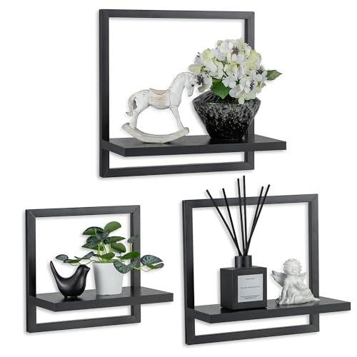 Walasis Regal Wand Schwarz Metall: 3er Set Quadratische Wandregale Holz - Modern wanddeko für Wohnzimmer Badezimmer Schlafzimmer Ecke
