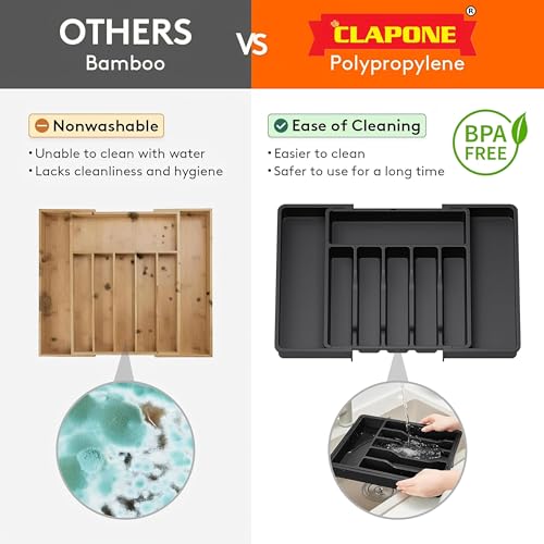 Image of CLAPONE Drawer Organizer Tray /Kitchen Expandable Utensil Tray /Adjustable Utensil Organizer /Cutlery Silverware Flatware Holder /Divider for Spoons Forks Knives Tableware (Black, 1 Pieces)