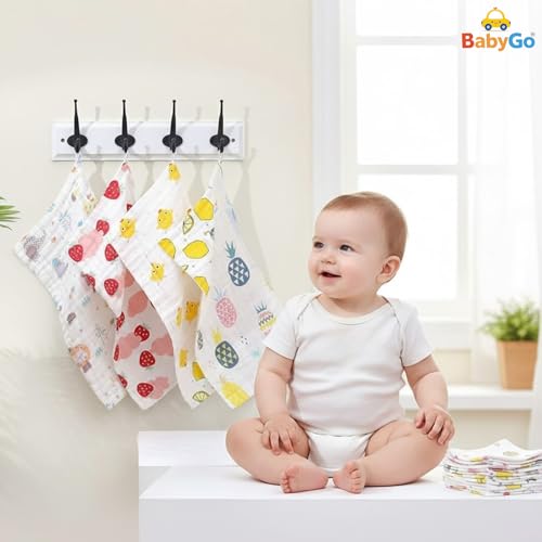 Image of BabyGo Muslin Baby Washcloths - 6 Layer Ultra Soft Cotton Baby Towels | Highly Absorbent Face Towels for Newborns, Kids & Toddlers | Quick Dry Burp Cloths & Bath Essentials (Large) - Pack of 5