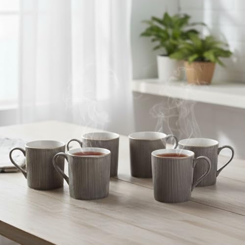 Image of Clay Craft Premium Fine Ceramic Coffee & Tea Mug Set with Elegant Gold Line Rim| Modern Ribbed Grey Finish| Durable Build| Stylish Design for Home| Office & Gifting (240 Ml)