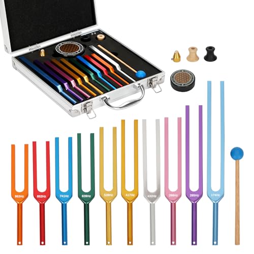 Chakra Tuning Fork Set 10pcs Multi-Color Solfeggio Tuning Forks (174-963Hz) with Activator & Deluxe Gift Box Aluminum Alloy Tuning Fork for Healing Set for Sound Therapy Yoga Meditation