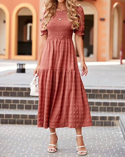 dowerme Womens Summer Dresses 2025 Casual Puff Short Sleeve Crewneck Smocked Flowy Ruffle Boho Beach Party Maxi Sundress(Bean Paste Pink,X-Large) — view 2