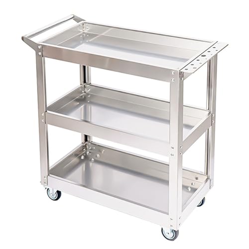 Carrito utilitario de acero inoxidable resistente de 3 niveles, carrito de herramientas rodante de 950 libras con asa y ruedas para garaje, taller y almacén