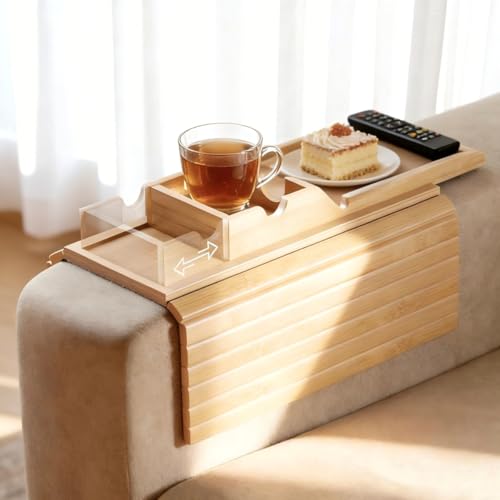 Ancaedhl Bamboo Sofa Arm Tray 2-in-1 Foldable Armchair Tray with Built-in Cup Holder - Anti-Slip Couch Armrest Tray for Living Room Detachable Tray & Pad for Drinks Snacks Phone TV Remote