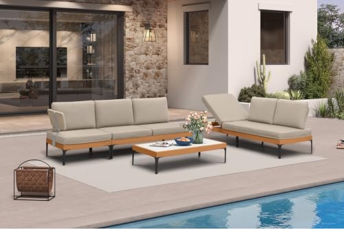 Image of PURPLE LEAF Patio Furniture Set Outdoor Sectional Sofa with Coffee Table Fade-Resistant Cushions Wicker L-Shaped 5 Pieces Aluminum Convertible Daybed for Balcony Yard Garden Poolside, Taupe