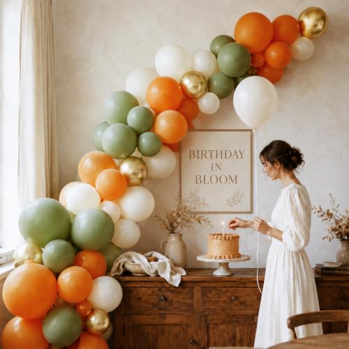 Image of Orange Green Sand White Gold Balloons, Fall Balloons for Fall Party Decor | 12 Inch Burnt Orange Sage Green Gold Balloons for Thanksgiving Autumn Baby Shower Birthday Little Pumpkin Party Decorations