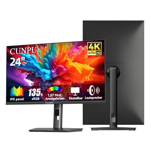 CUNPU 24 Zoll 4K Monitor Höhenverstellbar mit 2 Lautsprecher SRGB 135% AdobeRGB DCI-P3 100% IPS Panel UHD (3840 x 2160) 1 07 Mrd.+ Farben Sync 2*DP/2*HDMI Matt Flacher Bildschirm Schwarz