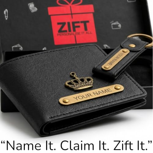 Image of Zift Personalized Name & Charm Leather Wallet & Keychain Gift Set for Men | Custom Name Engraved Wallet with Keychain | Birthday Anniversary Diwali Corporate Gifts for Men (Midnight Classic)