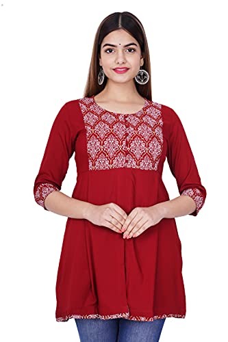 Image of Rayon Shiva Fab Women'S Casual 3 /4 Sleeve Printed Women Top, Casual Tunic Tops Tees For Girls For Office Wear, Casual Wear (Medium, Red Silver)