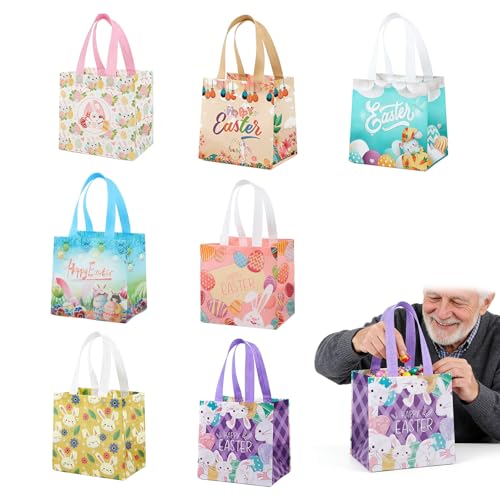 Cestini Pasquali con Manico, Set di 14 Sacchetti di Festa in Tessuto Non Tessuto, 7 Design Colorati per Pasqua, 21x15x20 cm, Ideali per Regali e Decorazioni Pasquali