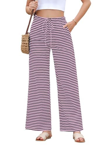 Image of EVALESS Striped Pants Women Casual Wide Leg Drawstring Elastic Waist Kint Trousers Lounge Sweatpants with Pockets