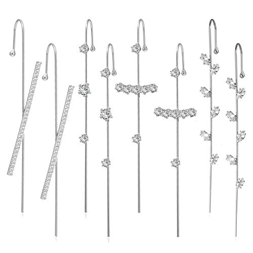 Silver Ear Wrap Crawler Hook Earrings for Women Girls Rhinestone Hoop Earrings Piercing Ear Wrap Climbers Earrings for Teen Girls?8pcs silver set)