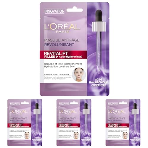 L'Oréal Paris - Masque Tissu Visage au Sérum Anti-Rides Revolumisant - Hydratation 24H - Anti-Age & Repulpant - À l'Acide Hyaluronique Pur - Coton Japonais Ultra-Fin - Revitalift Filler -28 g